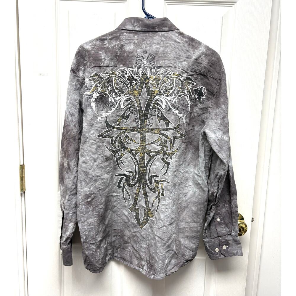 Y2K Gothic Eighty Eight Cross Shirt Gray Tie Dye Rocker Biker Button Up Size L - Picture 3 of 8